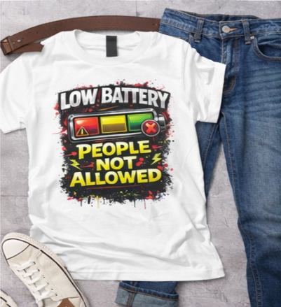 Low Battery People Not Allowed T-Shirt – Funny Energy Vibes Graphic Tee | Motivational Humor Shirt | Streetwear Statement Tee